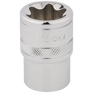 A Draper Tx-Star® Socket, 1/2" Sq. Dr., E22 - TS12/B with a chrome-plated finish and knurled grip, crafted from durable chrome vanadium steel.