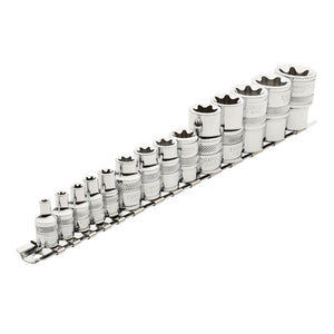 A neatly arranged set of Draper Expert Tx-Star® 1/4", 3/8" & 1/2" square drive sockets on a metal rail, showcasing various sizes from small to large. The 14-piece BDH14TX/B set features hexagonal/star-shaped openings on one end.