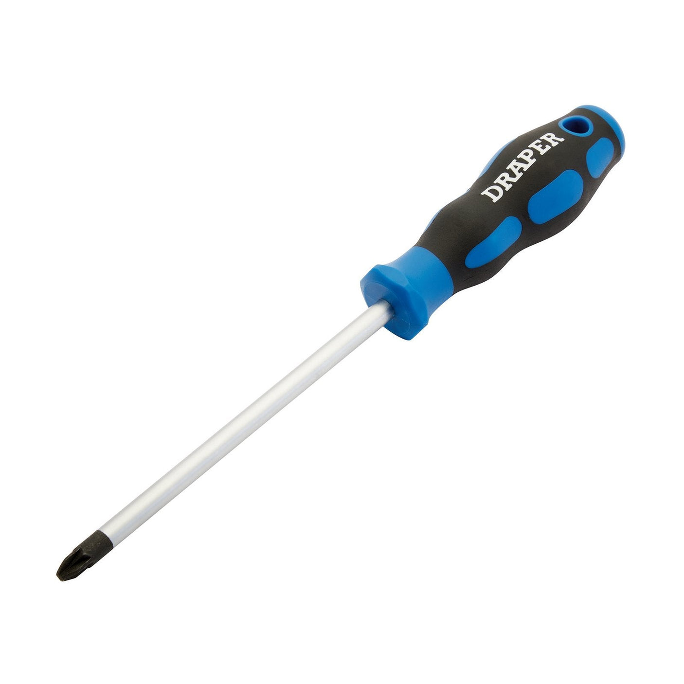 The Draper Soft Grip Pz Type Screwdriver, No.3 X 150mm - 865PZ features a blue and black soft grip handle and chrome vanadium steel blades, with the word "DRAPER" printed on it.