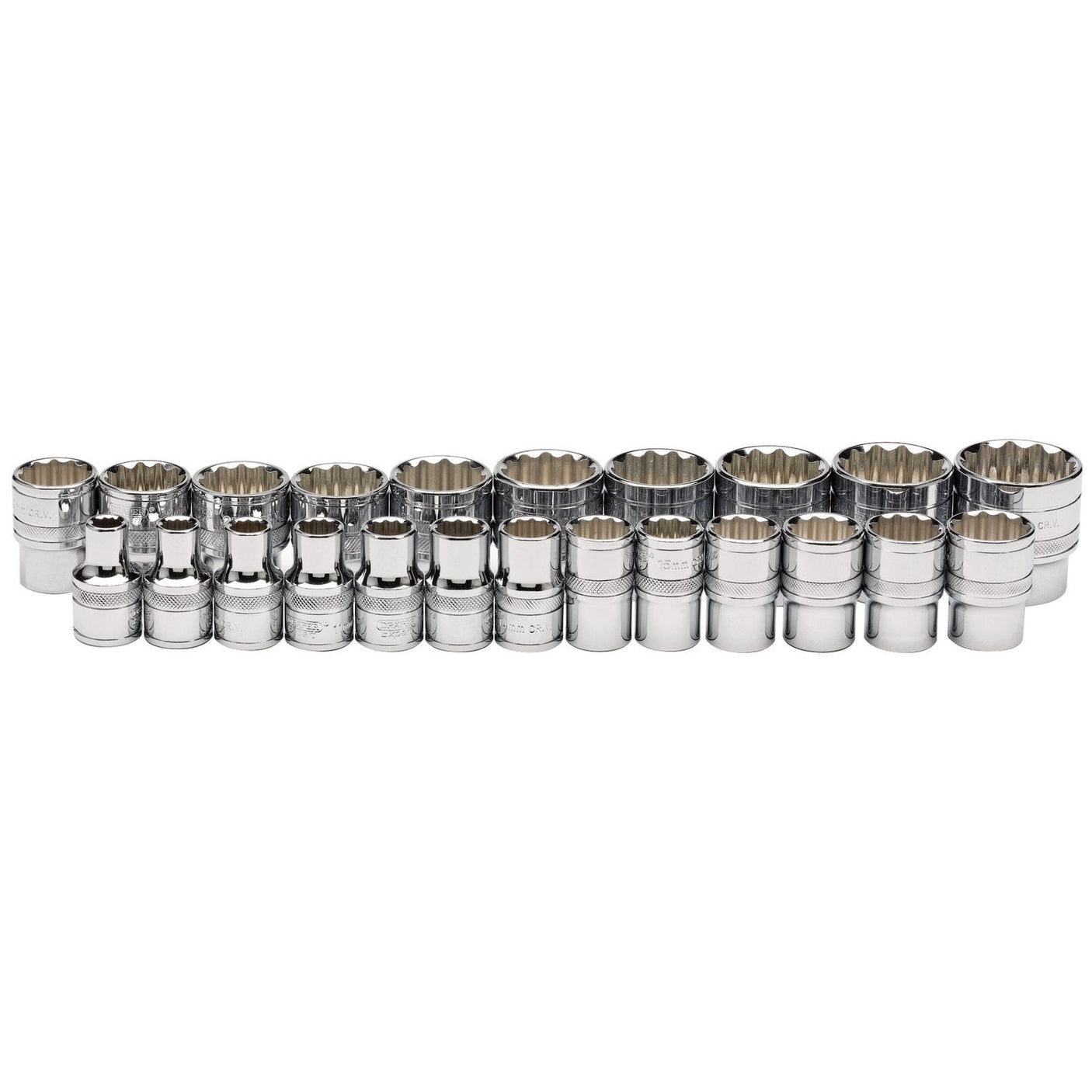 Displayed against a plain white background, the Draper Loose Metric Socket Set (23 pieces, 1/2" Sq. Dr., H23M/C) features a neatly arranged row of polished chrome sockets in various sizes, forged from hardened chrome vanadium steel with a distinctive knurled ring.