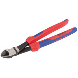 The Draper Knipex 74 22 250 High Leverage Diagonal Side Cutter features red and blue handles, black induction-hardened jaws, and heavy-duty construction with a 12° head, measuring 250mm in length.