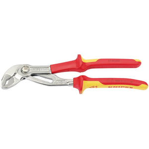 A pair of Draper Knipex Cobra® 87 26 250 VDE Chrome Waterpump Pliers, featuring durable chrome vanadium steel construction and red and yellow handles, measuring 250mm.