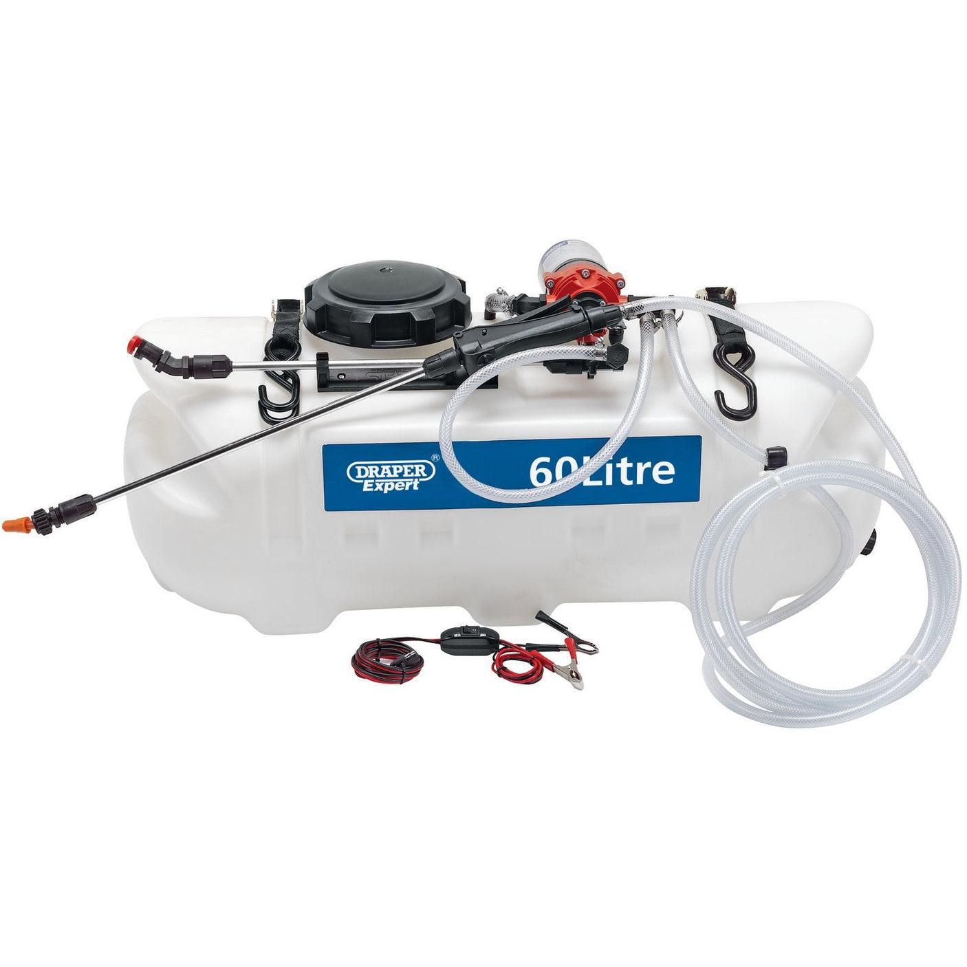 A Draper 12V DC ATV Spot/Broadcast Sprayer, 60L - SS60L, featuring a chemical-resistant translucent tank, spray pump, hose, spray nozzle, and various connectors and attachments.