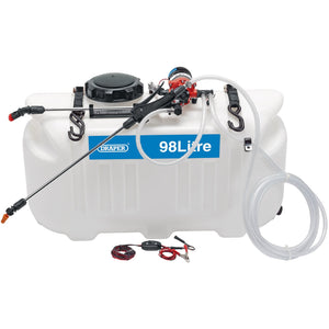 The Draper 12V DC ATV Spot/Broadcast Sprayer (98L - SS98L) is a white, chemical-resistant tank equipped with spraying equipment and hoses. It includes a 12V spray pump and various connectors and cables positioned in front of the tank, making it ideal for ATV sprayer applications.