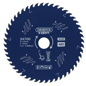 The "Draper Expert TCT Circular Saw Blade for Wood with PTFE Coating" is 216mm in diameter, has 48 teeth, features a 2.0mm kerf, and a maximum speed of 6200 RPM.