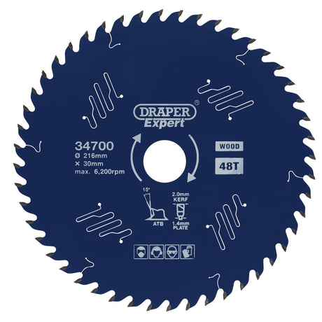 Draper Expert Tct Circular Saw Blade For Wood With Ptfe Coating, 216 X 30mm, 48T - SBE4 - Farming Parts