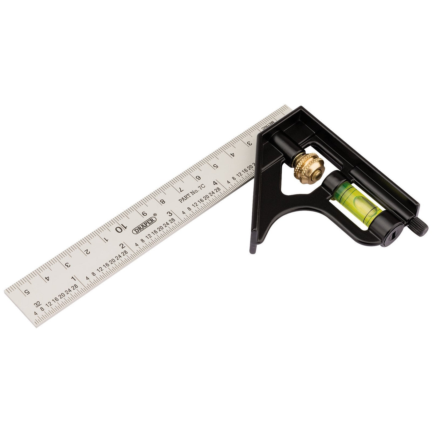 The Draper Metric And Imperial Combination Square, 150mm - 7C by Draper features a metallic design with a black handle. It includes a 12-inch aluminium blade marked with both metric and imperial measurements, a brass adjusting screw for precision, and an integrated spirit level.