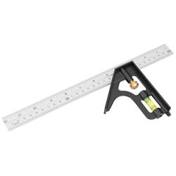 The Draper Metric and Imperial Combination Square, 300mm - 7C, features a matt black metal stock with a brass adjusting screw, an integrated spirit level, and an aluminum blade marked in both inches and centimeters.