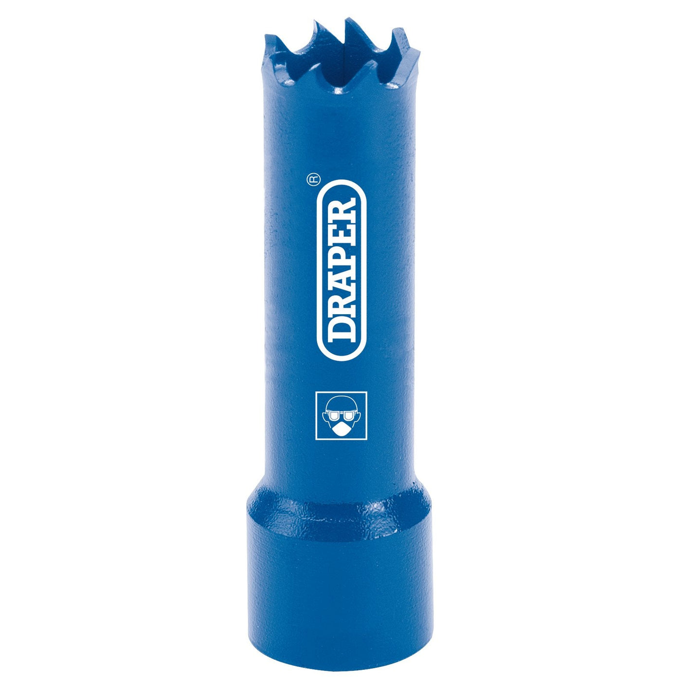 The Draper HSS Bi-Metal Holesaw Blade, 14mm - HSP, is a blue cylindrical tool with jagged teeth at the top. It’s labeled "Draper" and features an icon of safety goggles below the brand name. This high-speed variable pitch bi-metal hole saw is perfect for efficient metal cutting.