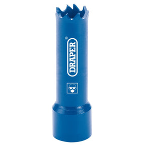 The Draper HSS Bi-Metal Holesaw Blade, 14mm - HSP, is a blue cylindrical tool with jagged teeth at the top. It’s labeled "Draper" and features an icon of safety goggles below the brand name. This high-speed variable pitch bi-metal hole saw is perfect for efficient metal cutting.