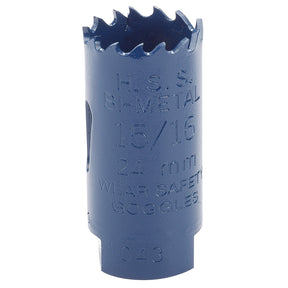 The Draper HSS Bi-Metal Holesaw Blade, 24mm - HSP, a blue high-speed variable pitch bi-metal hole saw with a 15/16 inch (24 mm) diameter featuring jagged teeth and the text "H.S.S. BI-METAL 15/16 24 mm WEAR SAFETY GOGGLES," ensures accurate hole cutting with durable cutting tools.
