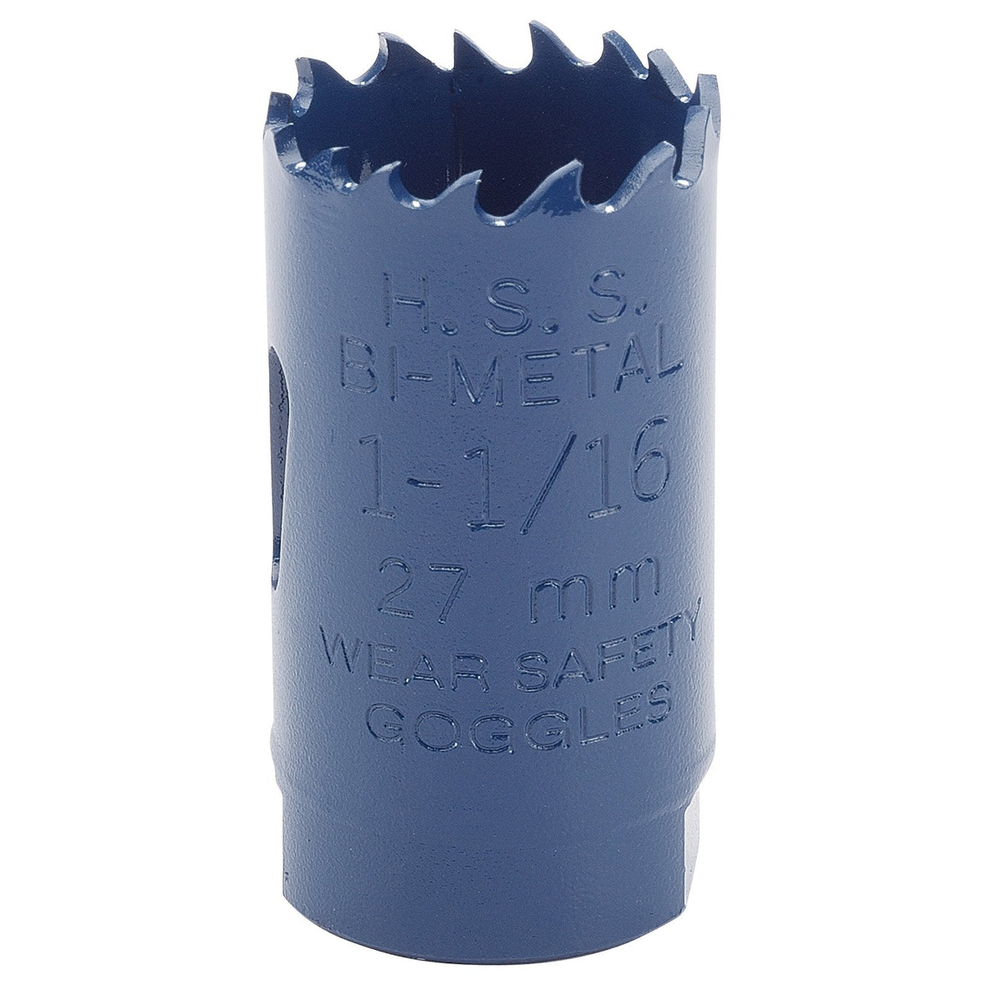 A Draper HSS bi-metal hole saw blade with a diameter of 1-1/16 inches (27 mm) is featured. The high-speed saw has the text "H.S.S. BI-METAL" on the side and includes a safety reminder to wear goggles.