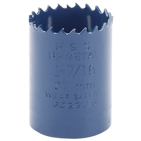 A Draper Hss Bi-Metal Holesaw Blade, 37mm - HSP, with serrated edges labeled "H.S.S BI-METAL 1-7/16 37 mm WEAR SAFETY GOGGLES," designed for high-speed cutting efficiency.
