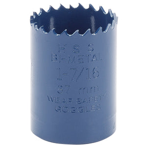 A Draper Hss Bi-Metal Holesaw Blade, 37mm - HSP, with serrated edges labeled "H.S.S BI-METAL 1-7/16 37 mm WEAR SAFETY GOGGLES," designed for high-speed cutting efficiency.