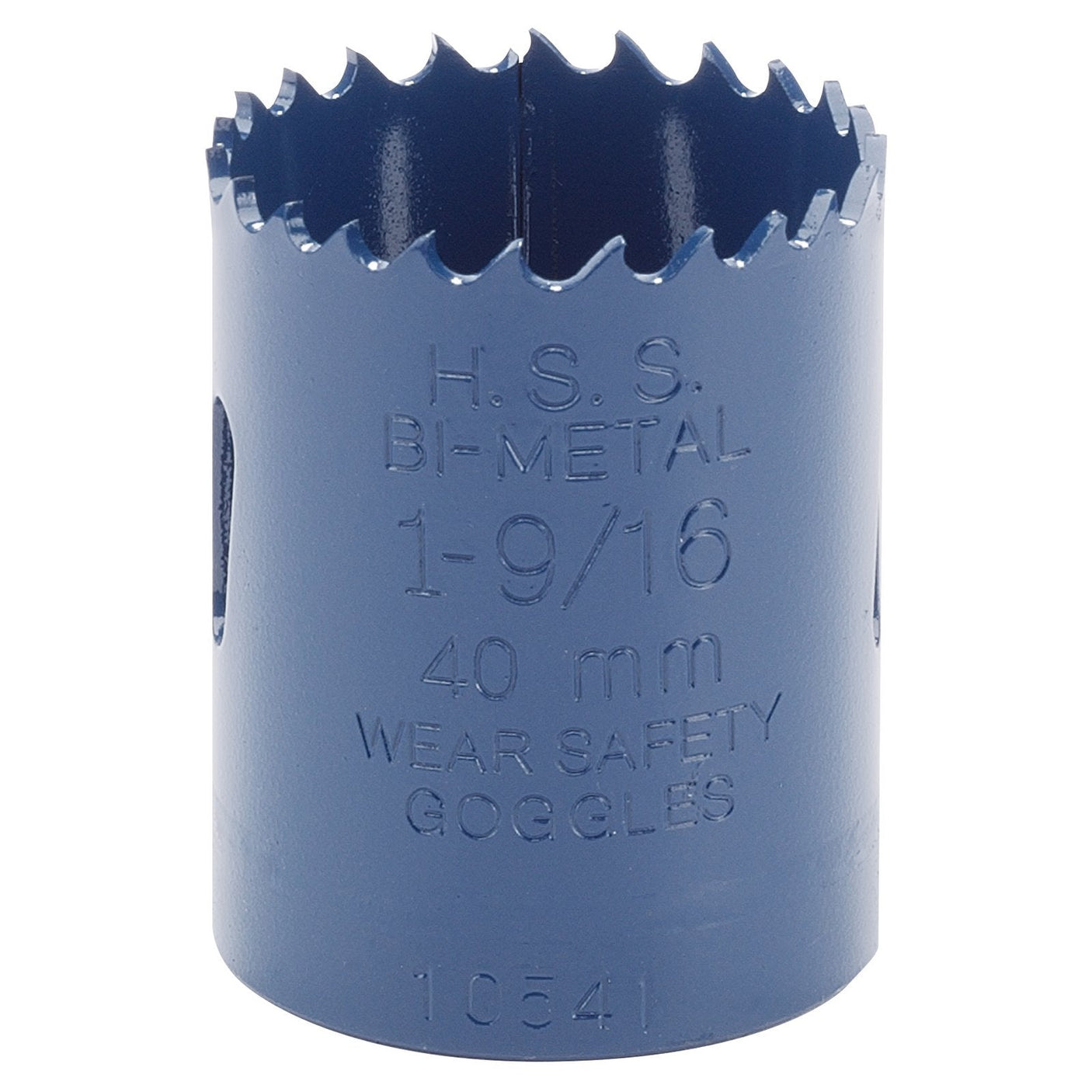 A Draper HSS Bi-Metal Holesaw Blade with a 1-9/16 inch (40 mm) diameter, ideal for cutting metal. The text on the tool reads, "WEAR SAFETY GOGGLES.