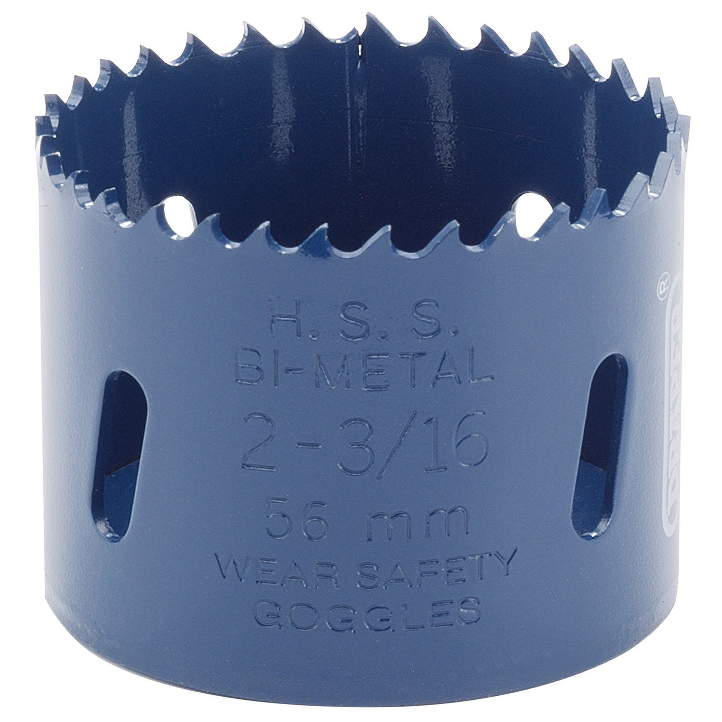 A blue bi-metal hole saw with sharp teeth, labeled "Draper HSS BI-METAL 2-3/16 56 mm WEAR SAFETY GOGGLES," designed for precise metal cutting.