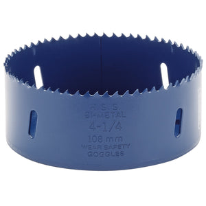 A durable Draper Hss Bi-Metal Holesaw Blade with a 108 mm (4-1/4 inch) diameter, featuring high-speed variable pitch for efficient cutting. Includes instructions to wear safety goggles.