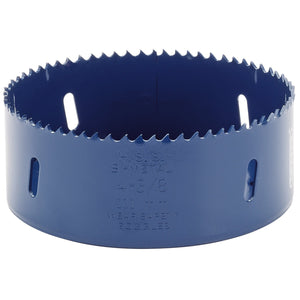 The Draper HSS Bi-Metal Holesaw Blade, 111mm - HSP, features sharp teeth around its edge and small cutouts on its sides, making this durable blue cutting tool perfect for cutting holes in various materials.