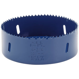 A durable Draper Hss Bi-Metal Holesaw Blade, 121mm in diameter, features sharp teeth and multiple side slots for efficient debris removal.