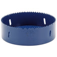 A Draper HSS bi-metal hole saw blade in blue with jagged teeth and slots, ideal for cutting holes in metals. Labeled 133mm.