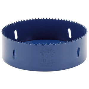 A Draper HSS bi-metal hole saw blade in blue with jagged teeth and slots, ideal for cutting holes in metals. Labeled 133mm.