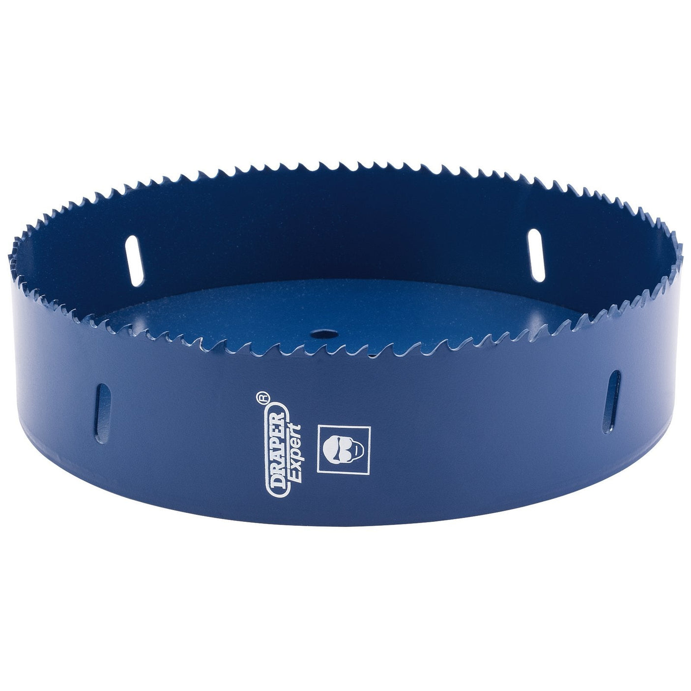 A round, blue hole saw with serrated edges, designed for cutting through materials, features the "Draper" logo and a safety symbol on its side. This durable cutting tool, known as the Draper HSS Bi-Metal Holesaw Blade (177mm - HSP), is part of our high-speed hole saws collection.