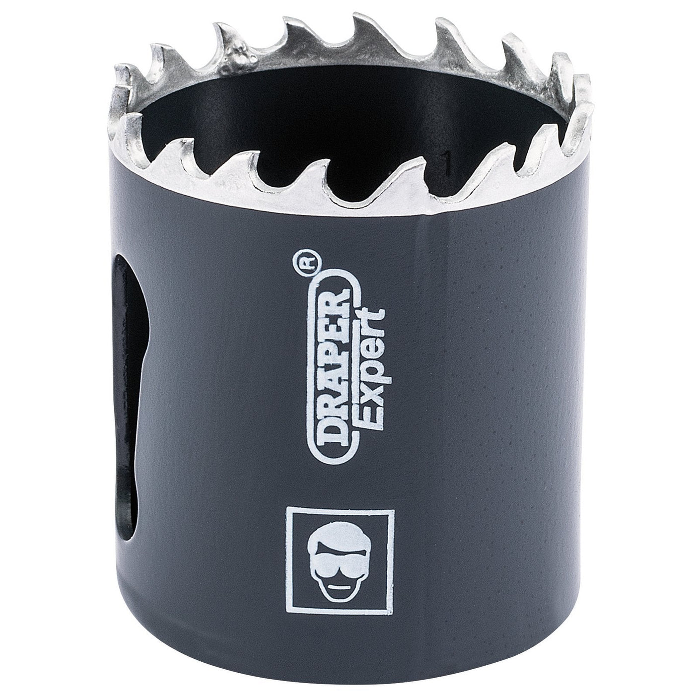 A Draper Cobalt Hole Saw, 38mm - CHSP in black, features sharp, evenly spaced teeth and a brand logo printed on its side, offering a cutting depth of 35mm.