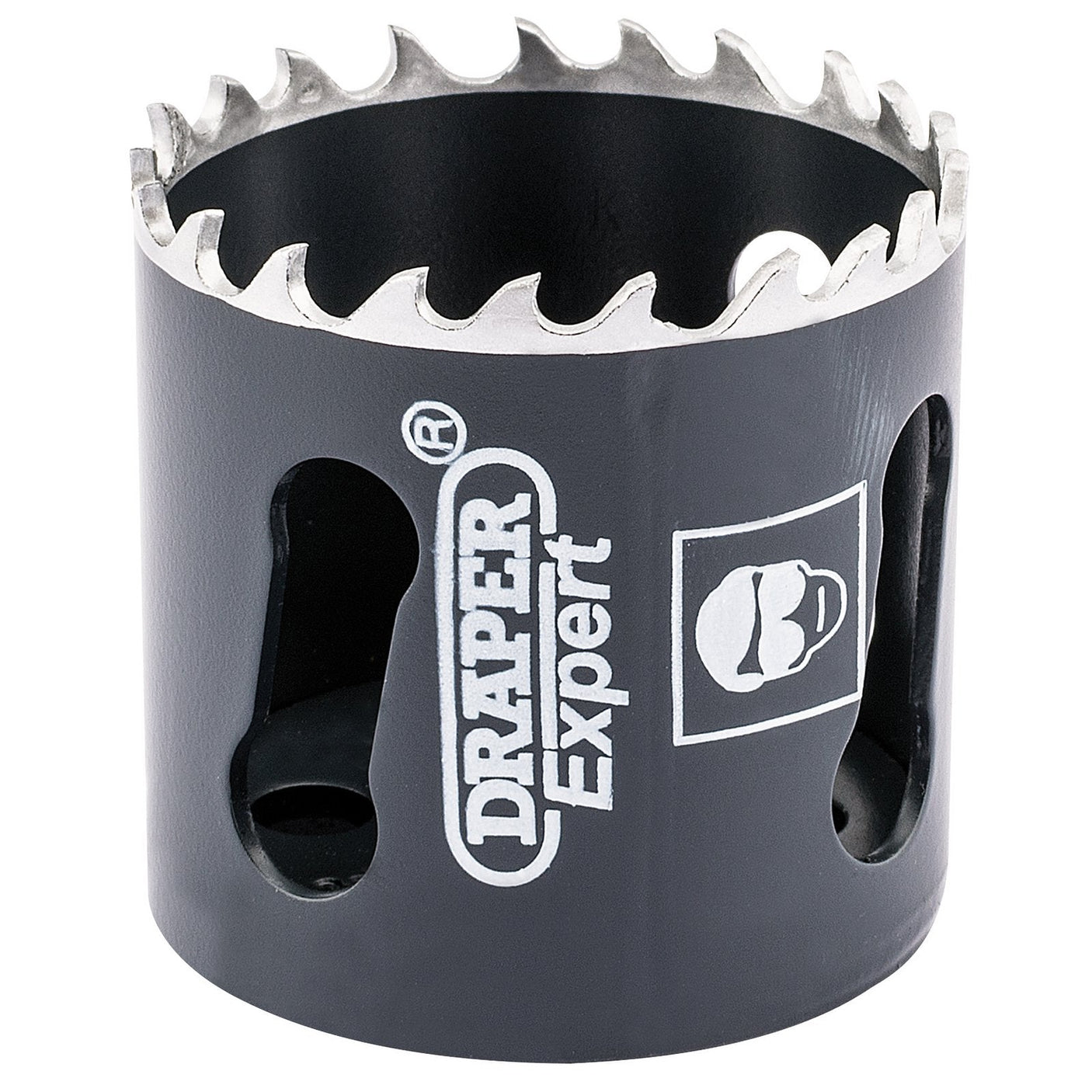 The Draper Cobalt Hole Saw, 44mm - CHSP is a black saw with serrated cutting edges and the Draper logo printed on the side, making it perfect for cutting steel with its variable pitch design.