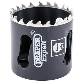 The Draper Cobalt Hole Saw, 44mm - CHSP is a black saw with serrated cutting edges and the Draper logo printed on the side, making it perfect for cutting steel with its variable pitch design.