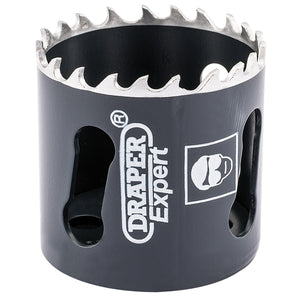 The Draper Cobalt Hole Saw, 44mm - CHSP is a black saw with serrated cutting edges and the Draper logo printed on the side, making it perfect for cutting steel with its variable pitch design.