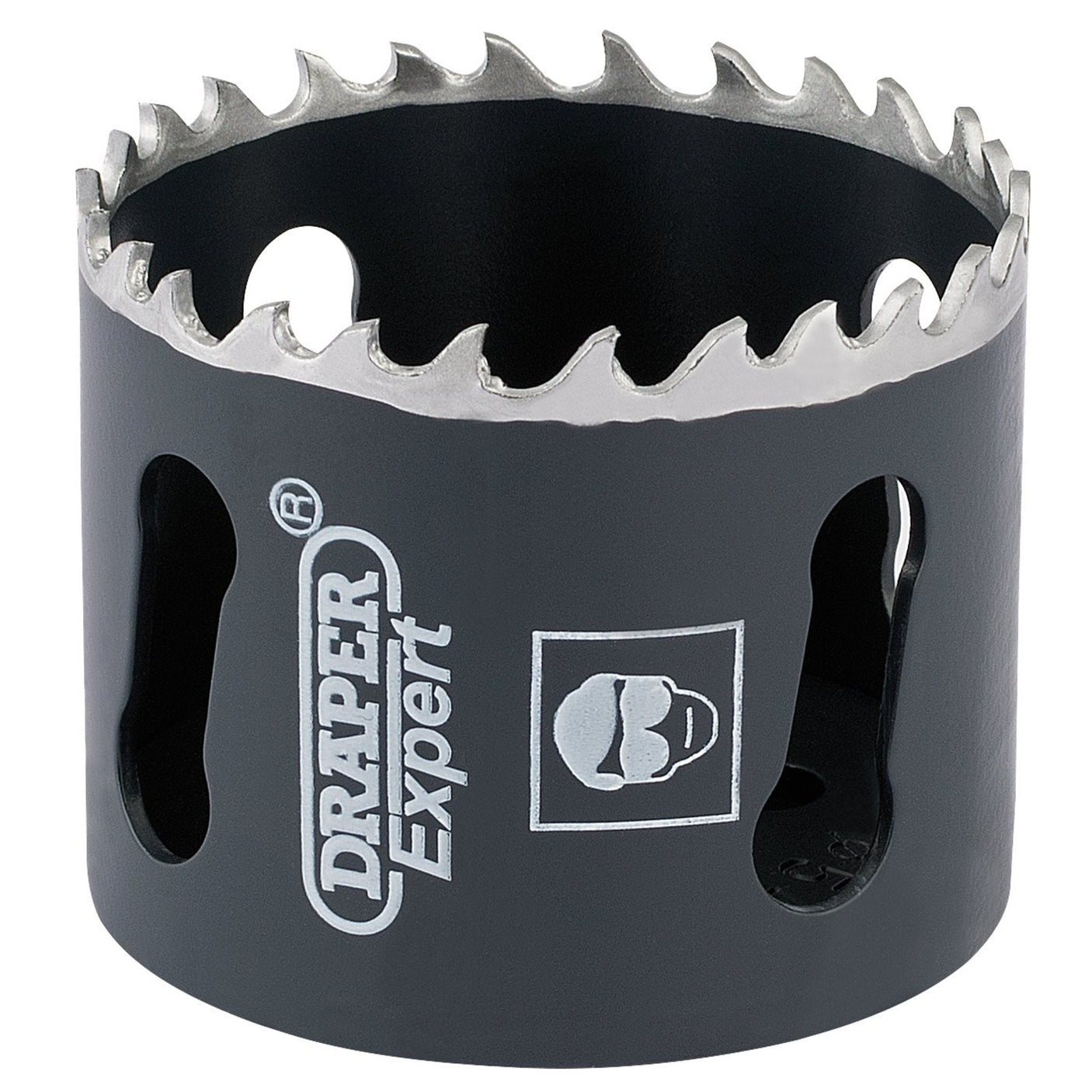 A Draper Cobalt Hole Saw, 54mm - CHSP, with jagged teeth edges and slots on the sides for attaching to a drill, perfect for cutting steel.