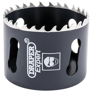 A Draper Cobalt Hole Saw, 57mm - CHSP with sharp teeth, designed for maximum cutting depth. The logo features a man's face with sunglasses, adding a touch of style to this cobalt variable pitch hole saw perfect for cutting steel.