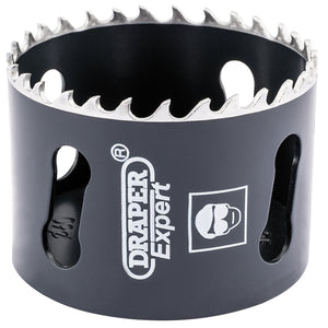 The Draper Cobalt Hole Saw, 60mm - CHSP, from the renowned brand Draper, features sharp teeth and a distinctive logo. Designed for precision cutting in various materials, it boasts cobalt variable pitch technology and a cutting depth of 35mm. This black holesaw integrates seamlessly with a quality holesaw arbor to offer superior performance.