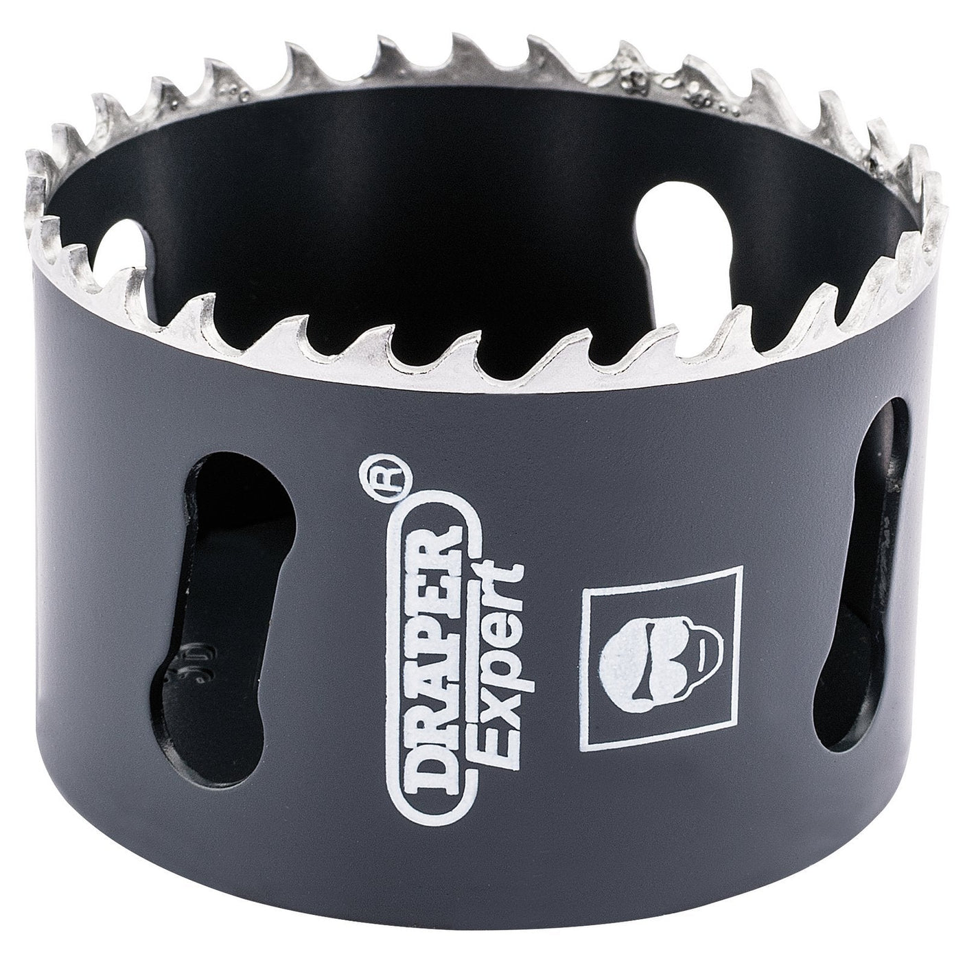 A Draper 64mm cobalt hole saw (CHSP) with sharp teeth, a visible logo, and a safety icon on its body, ideal for cutting steel.