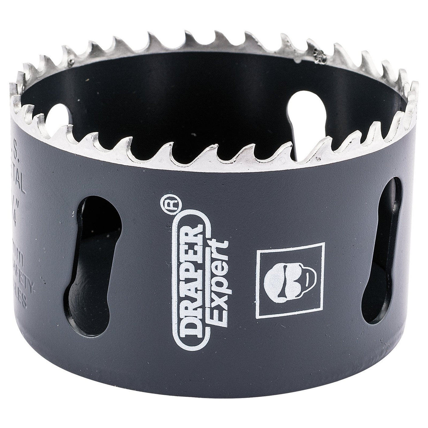 A 70mm Draper Cobalt Hole Saw – CHSP, sporting a sleek black and silver design with the Draper logo and an icon of protective equipment on its side. This expertly crafted tool is equipped with sharp, variable pitch teeth for cutting holes in various materials, including steel.