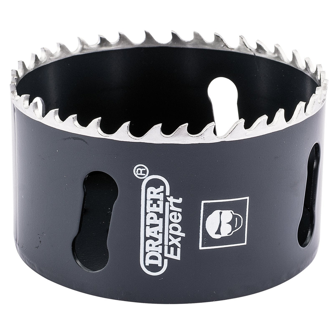 Close-up of the Draper Cobalt Hole Saw, 76mm - CHSP featuring sharp teeth and a black body, designed for cutting through various materials. Ideal for cutting steel, it offers enhanced durability and performance.