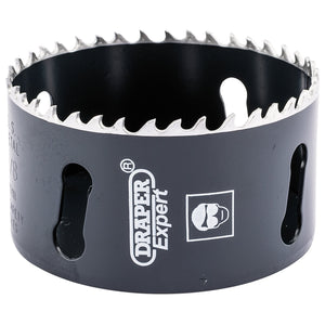 A black Draper Cobalt Hole Saw, model CHSP with a diameter of 79mm, featuring jagged teeth and a cutting depth of 35mm. Designed for precise cutting in various materials, it proudly displays the Draper brand name and includes a safety icon with a hard hat symbol to indicate its quality and safety.