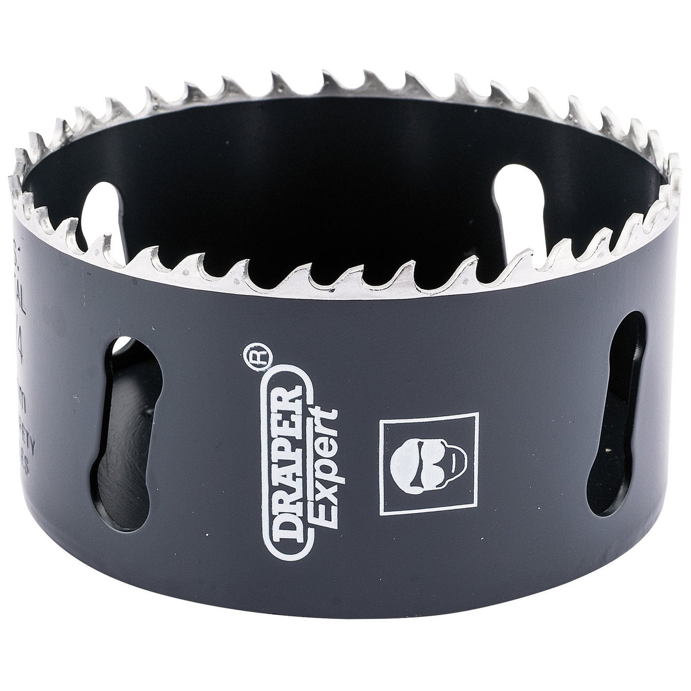 A black Draper Cobalt Hole Saw, 83mm - CHSP with sharp, evenly spaced teeth around its circular edge and branding on the side. Ideal for cutting steel, this holesaw assembly ensures precision and durability in demanding tasks.