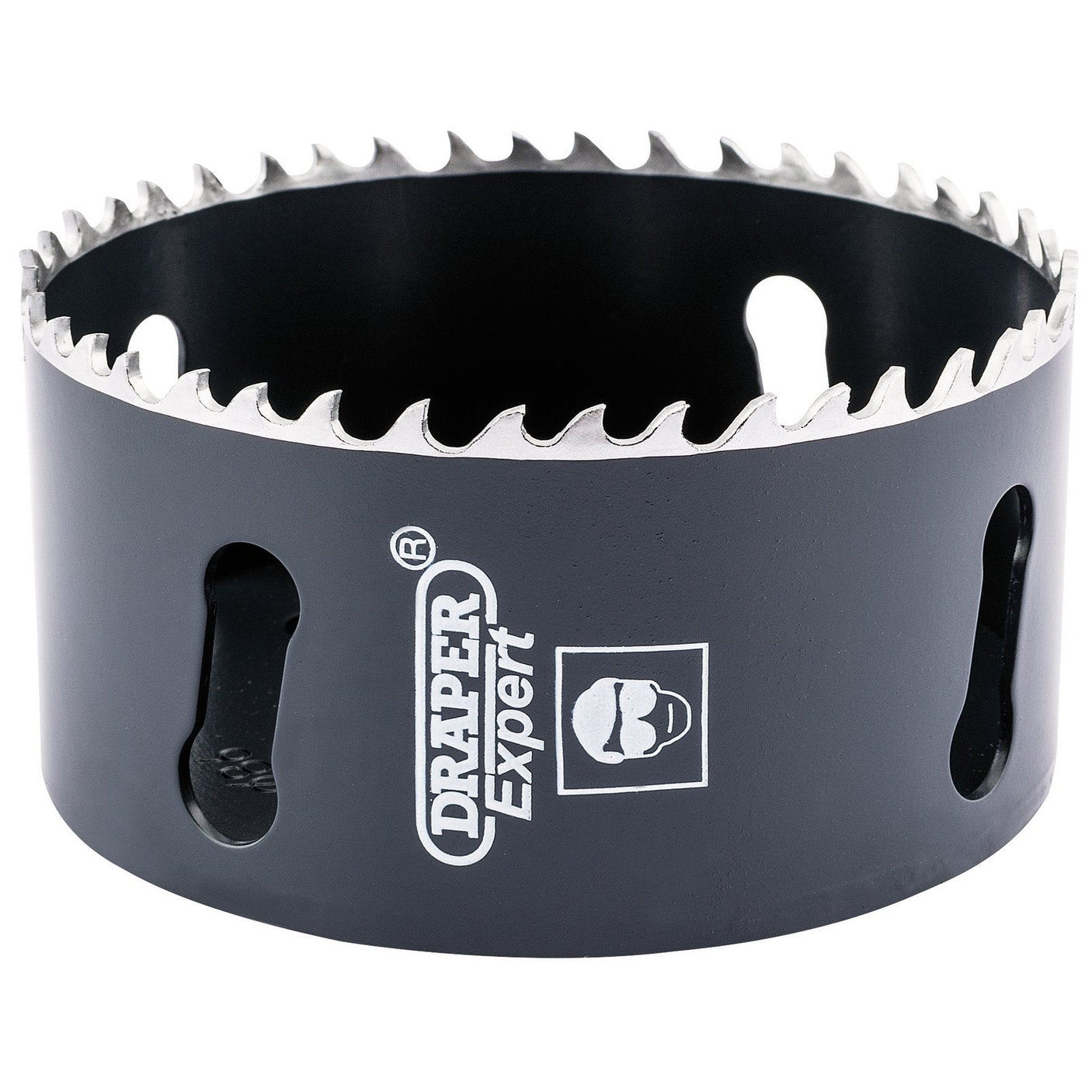 A black variable pitch hole saw, named the "Draper Cobalt Hole Saw, 86mm - CHSP," features a sharp, toothed edge and multiple slots around its circumference. Ideal for cutting steel with precision, this product showcases the "Draper" brand and a graphic logo printed on its side.