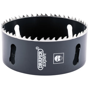 A black Draper Cobalt Hole Saw, 102mm - CHSP with sharp serrated edges, variable pitch, and four side openings.