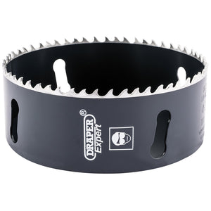 A black, circular cobalt hole saw with sharp teeth features multiple interior cut-out slots and the branding "Draper" visible on the side. This Draper Cobalt Hole Saw measures 111mm in diameter and offers a cutting depth of 35mm.