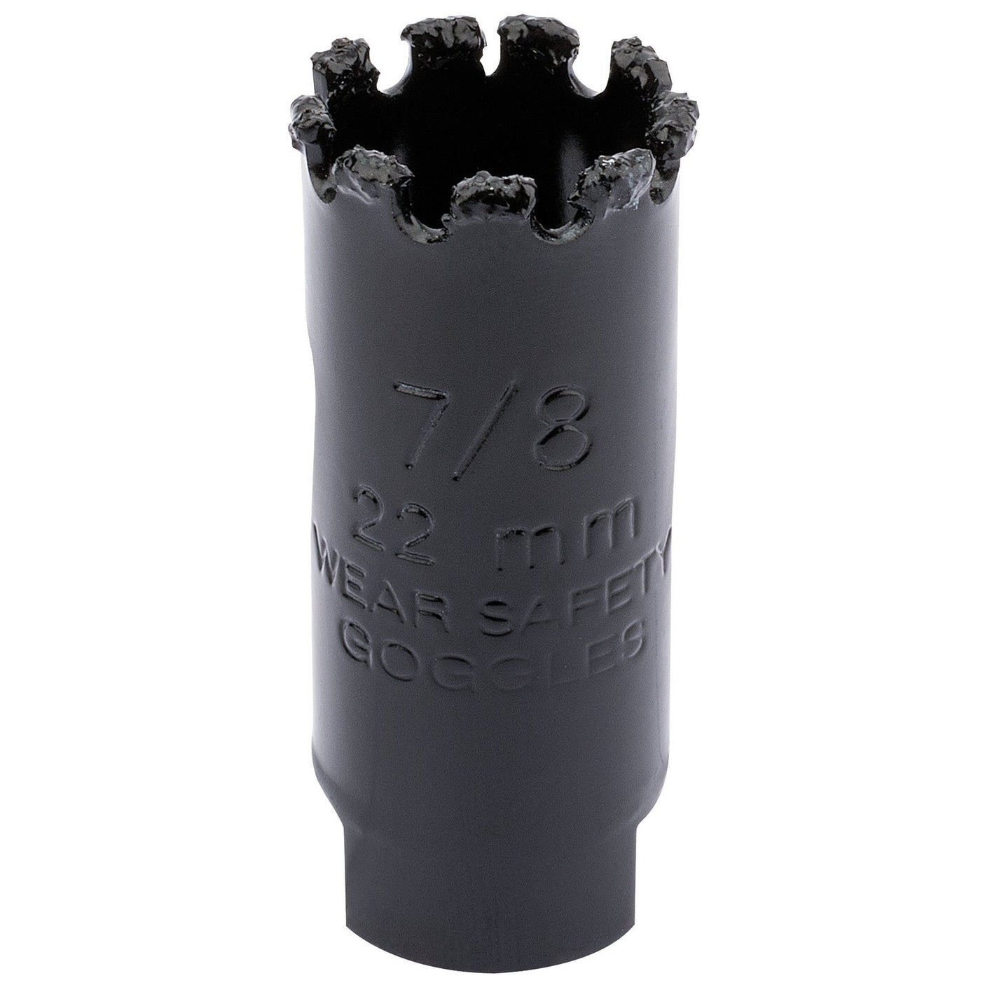 A black spark plug socket featuring a ridged internal end and engraved text stating "7/8 22 mm WEAR SAFETY GOGGLES." Perfect for pairing with the Draper Tungsten Carbide Grit Hole Saw (22mm - TCGHSP) when drilling masonry.