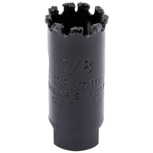 A black spark plug socket featuring a ridged internal end and engraved text stating "7/8 22 mm WEAR SAFETY GOGGLES." Perfect for pairing with the Draper Tungsten Carbide Grit Hole Saw (22mm - TCGHSP) when drilling masonry.