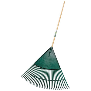 The Draper Extra Wide Plastic Leaf Rake, 800mm - 3083LP, features a green plastic head and widely spaced tines. This metal rake boasts a natural wood handle and 31 teeth, making it perfect for efficiently raking leaves.