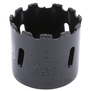 The Draper Tungsten Carbide Grit Hole Saw, 51mm - TCGHSP, features serrated edges and is marked with the number 2 and the phrase "Wear Safety Goggles." Made from high-quality steel, it is perfect for drilling masonry tasks.