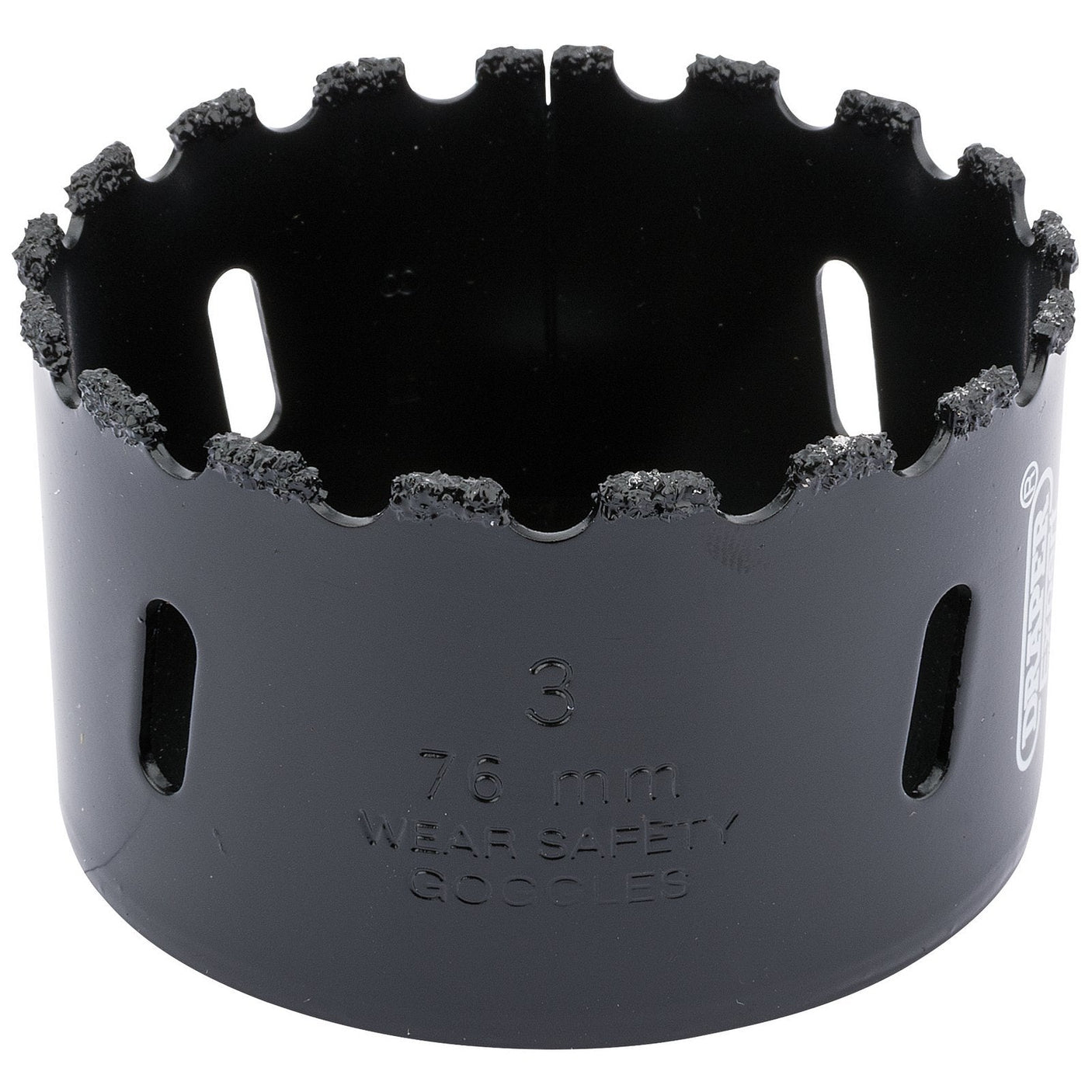 A 76 mm Draper Tungsten Carbide Grit Hole Saw (TCGHSP) with serrated edges and an inscription on the side reading "3 76 mm WEAR SAFETY GOGGLES," perfect for masonry work.