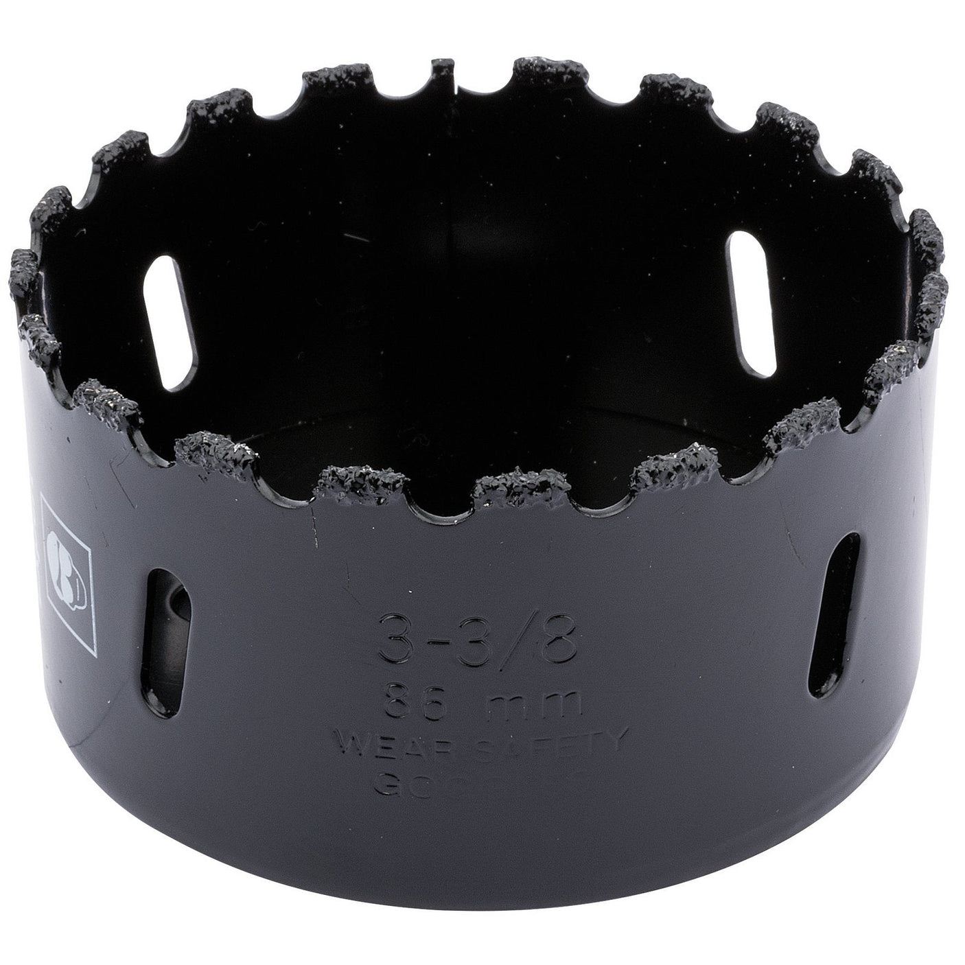 The Draper Tungsten Carbide Grit Hole Saw, 86mm - TCGHSP, is a black bi-metal hole saw with a 3-3/8 inch (86 mm) diameter, designed for cutting large holes in various materials and features tungsten carbide grit for enhanced durability during masonry drilling.