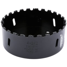 The Draper Tungsten Carbide Grit Hole Saw, TCGHSP model, is a 114mm hole saw in black featuring tungsten carbide grit with multiple teeth around the edge and slots on the sides for easy attachment to a drill, making it perfect for drilling masonry.