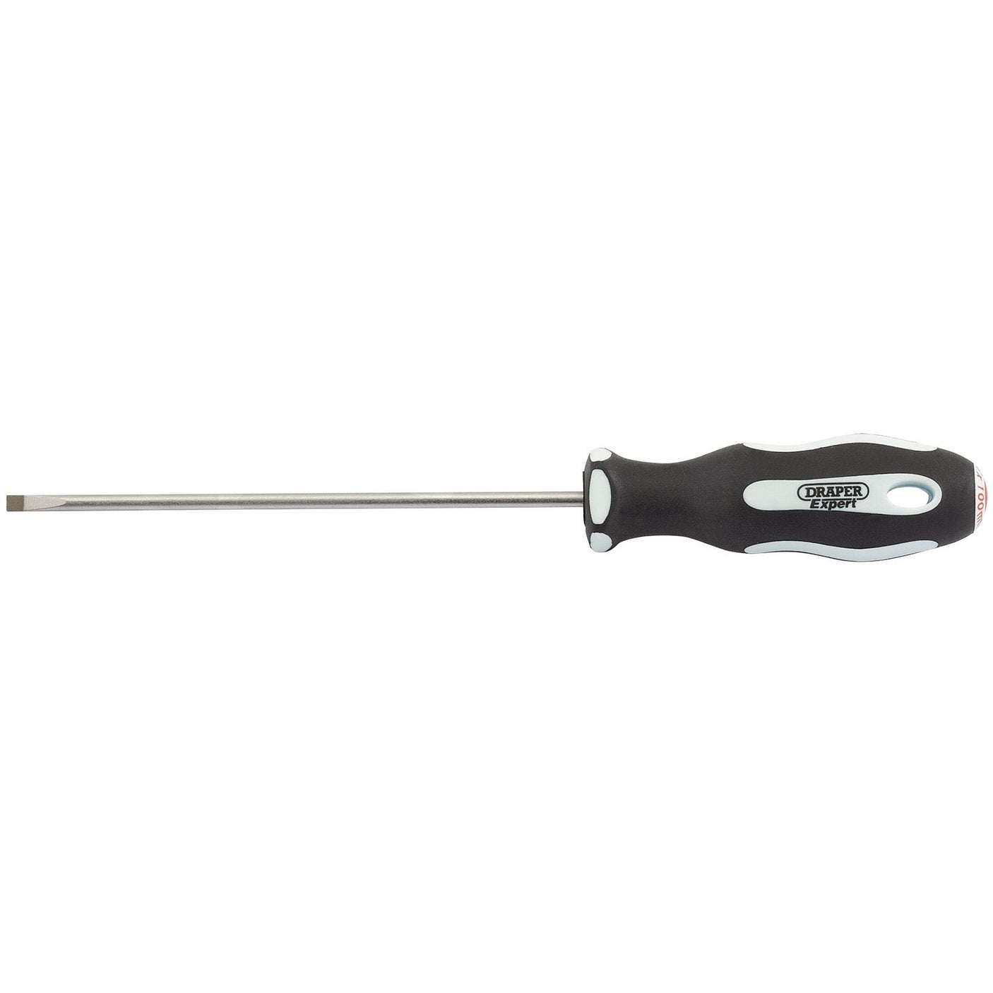 A Draper Plain Slot Soft Grip Parallel Tip Screwdriver, 3 x 100mm - 995P, featuring a black and white ergonomic handle that is resistant to oil and solvents, SVCM blades, and a satin chrome-plated metal shaft.