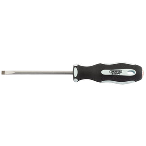 Introducing the Draper Plain Slot Soft Grip Parallel Tip Screwdriver, 5.5 X 100mm - 995P: a flathead screwdriver featuring a black and white ergonomic, soft grip handle that is oil and solvent resistant. The handle displays the word "DRAPER" prominently printed on it, and it is equipped with a durable metal shaft.